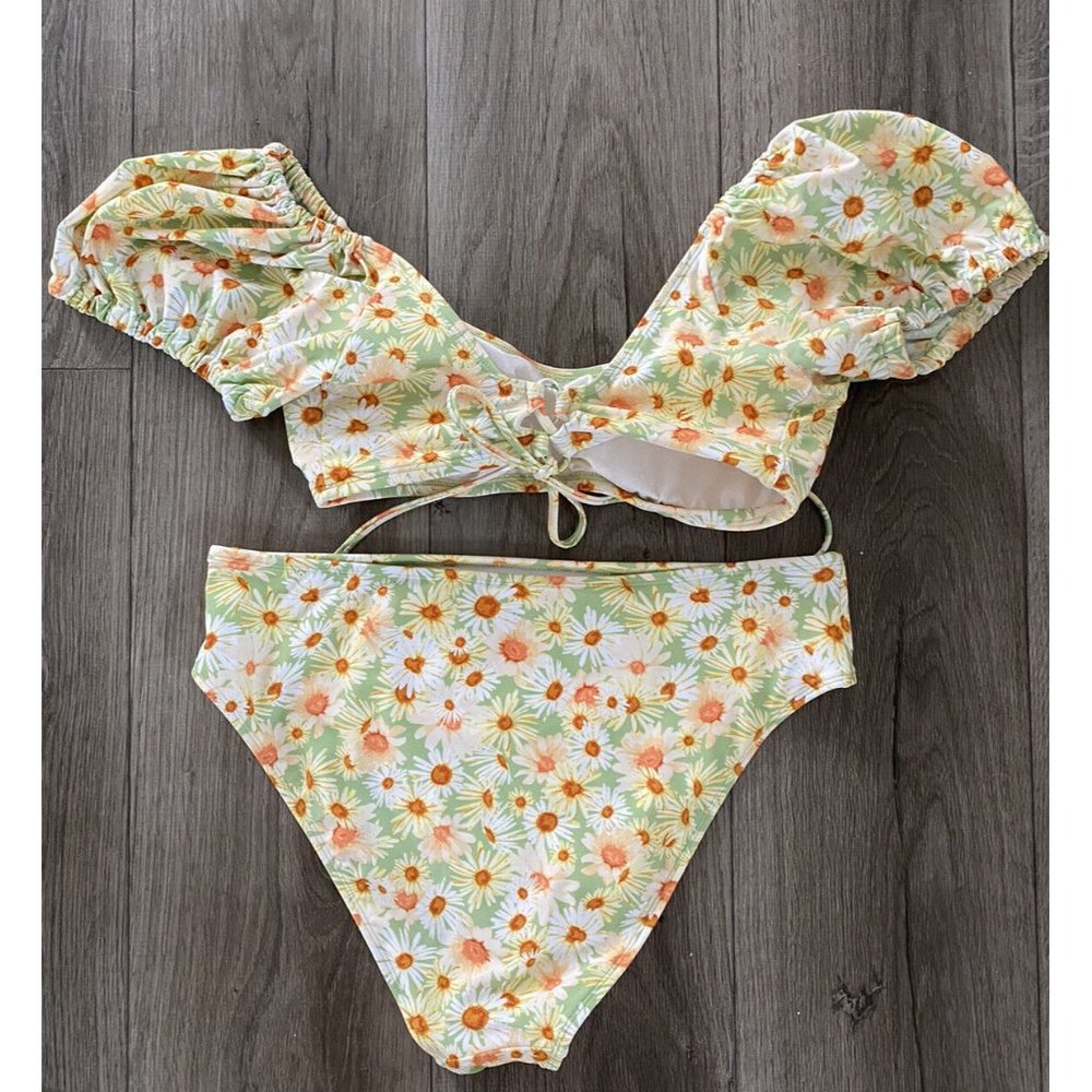Wild Fable Daisy Floral Print Two-piece Swimsuit Yellow Green XL - Picture 4 of 6